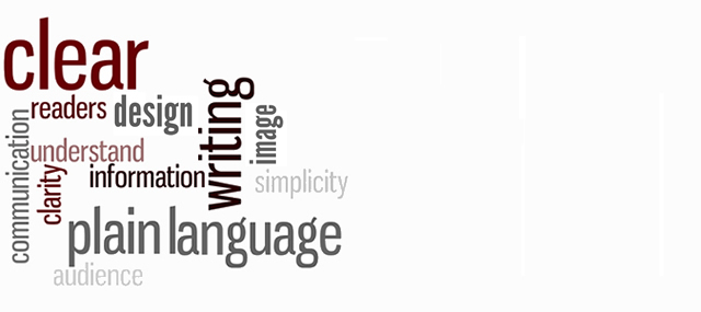 Image with words: clear, plain language, writing, design, etc.