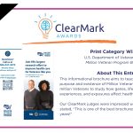 A graphic with blue, orange, and white design elements includes text overlays and a screenshot announcing the 2023 ClearMark Award winner for the Print Category.