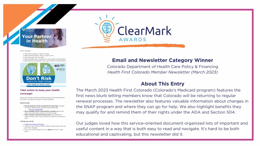 A graphic with blue, orange, and white design elements includes text overlays and a screenshot announcing the 2023 ClearMark Award winner for the Email and Newsletter Award Category.