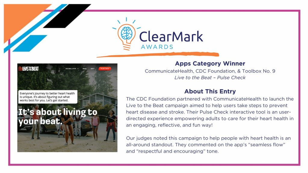 A graphic with blue, orange, and white design elements includes text overlays and a screenshot announcing the 2023 ClearMark Award winner for the Apps Award Category.