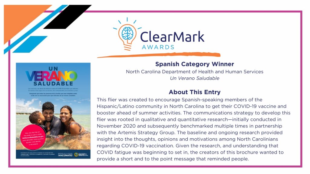 A graphic with blue, orange, and white design elements includes text overlays and a screenshot announcing the 2023 ClearMark Award winner for the Spanish Language Award Category.