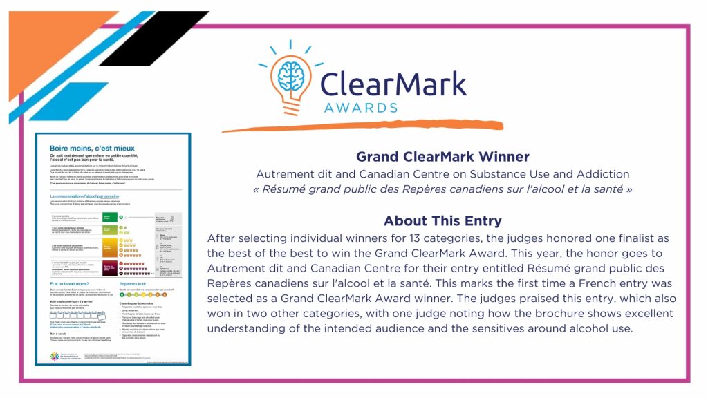 A graphic with blue, orange, and white design elements includes text overlays and a screenshot announcing the 2023 ClearMark Award winner for the Grand ClearMark Award Category.