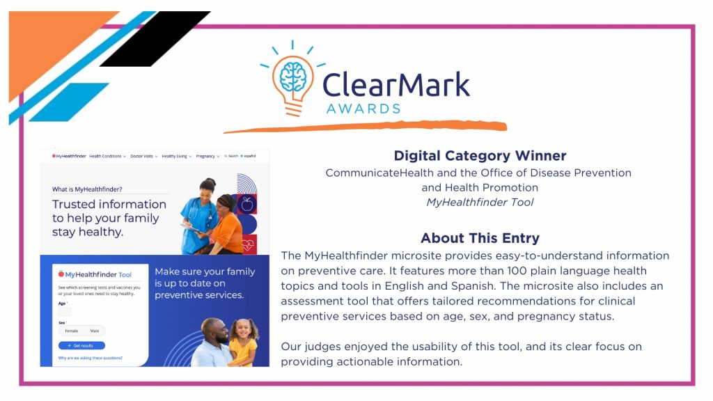 A graphic with blue, orange, and white design elements includes text overlays and a screenshot announcing the 2023 ClearMark Award winner for the Digital Category.