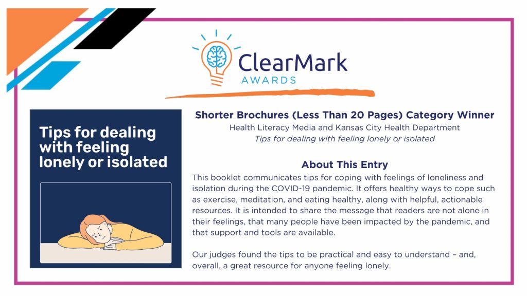 A graphic with blue, orange, and white design elements includes text overlays and a screenshot announcing the 2023 ClearMark Award winner for the Shorter Brochures Category.