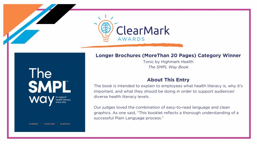 A graphic with blue, orange, and white design elements includes text overlays and a screenshot announcing the 2023 ClearMark Award winner for the Longer Brochures Category.