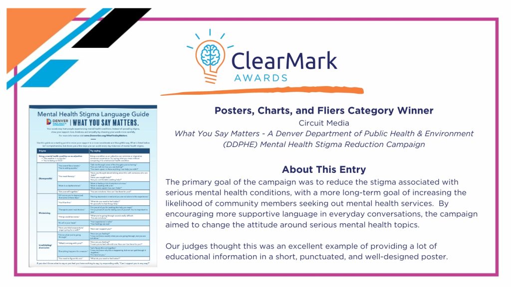 A graphic with blue, orange, and white design elements includes text overlays and a screenshot announcing the 2023 ClearMark Award winner for the Posters, Charts, and Fliers Category.