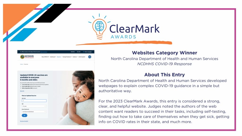 A graphic with blue, orange, and white design elements includes text overlays and a screenshot announcing the 2023 ClearMark Award winner for the Website Category.