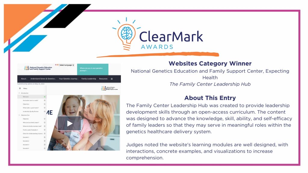 A graphic with blue, orange, and white design elements includes text overlays and a screenshot announcing the 2023 ClearMark Award winner for the Website Award Category.