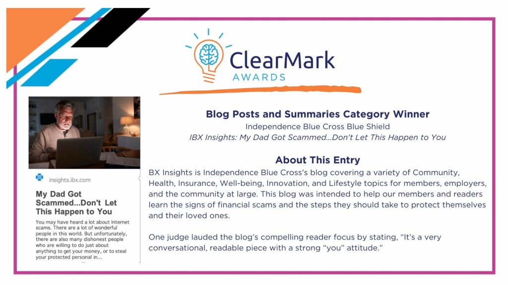 A graphic with blue, orange, and white design elements includes text overlays and a screenshot announcing the 2023 ClearMark Award winner for the Blog and Summaries Category.